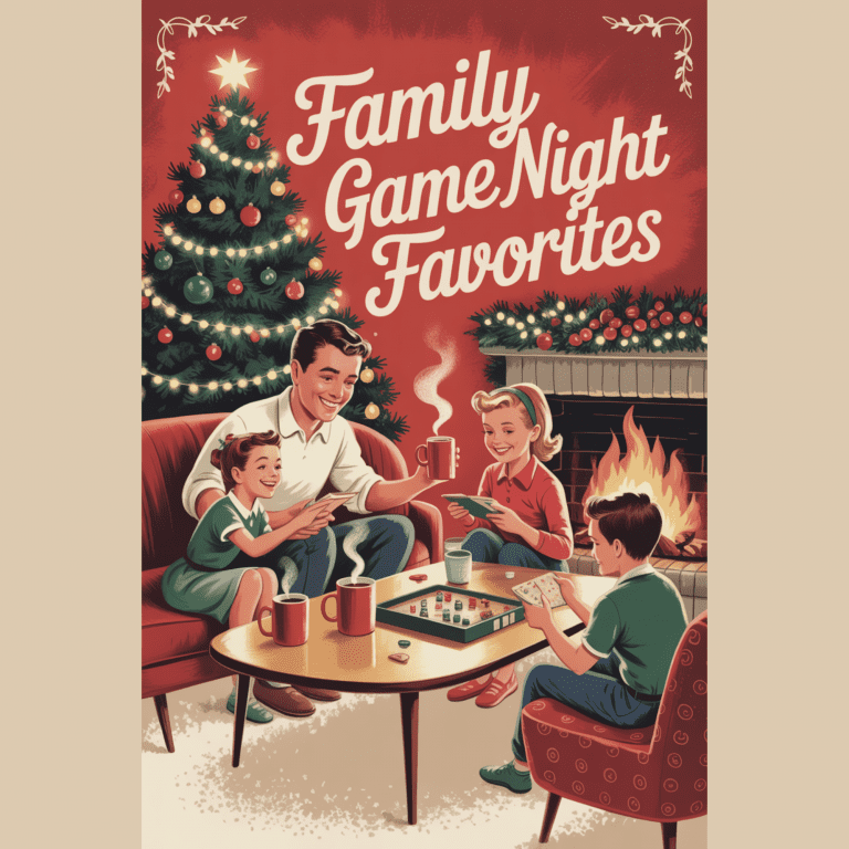 family game night: Retro holiday scene showing a cheerful family gathered around a table for family game night with cocoa, twinkle lights, and festive decor.