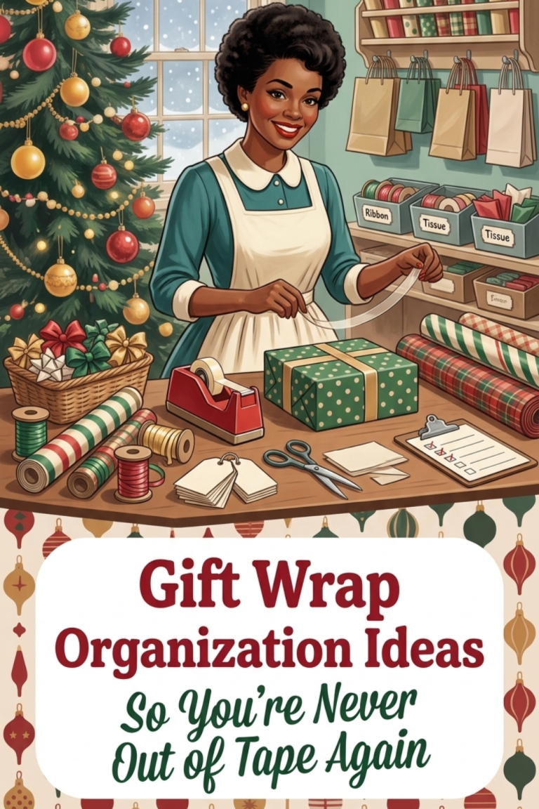 Retro 1950s gift wrap station with upright paper rolls, gift bags sorted by size, ribbon bins, and a decorated Christmas tree.