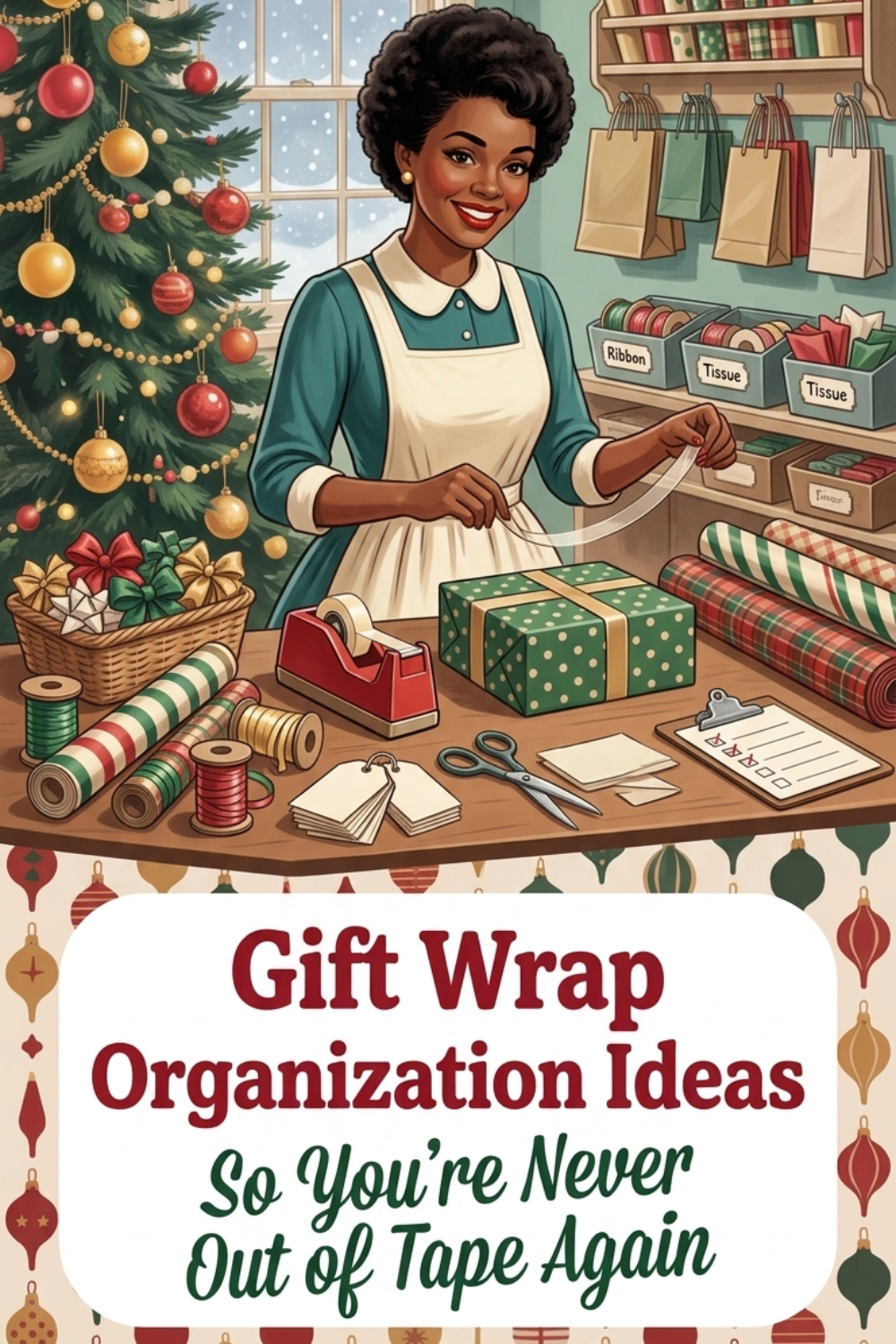 Retro 1950s gift wrap station with upright paper rolls, gift bags sorted by size, ribbon bins, and a decorated Christmas tree.
