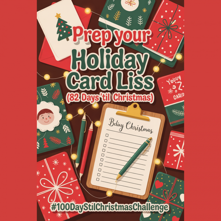 Illustrated cozy holiday stationery scene with cards, envelopes, and pens, styled with red, green, and gold holiday accents for the 100 Days ’til Christmas Challenge.
