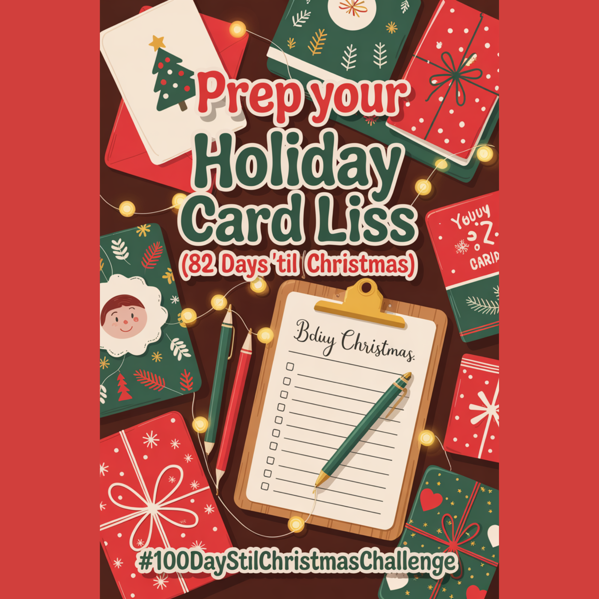 Illustrated cozy holiday stationery scene with cards, envelopes, and pens, styled with red, green, and gold holiday accents for the 100 Days ’til Christmas Challenge.
