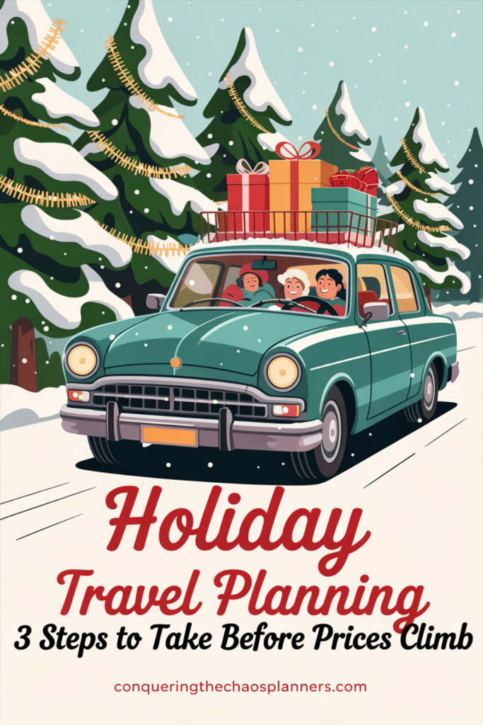 Holiday travel planning illustration of a family driving a vintage teal car through snowy pine trees with wrapped Christmas gifts piled on the roof rack