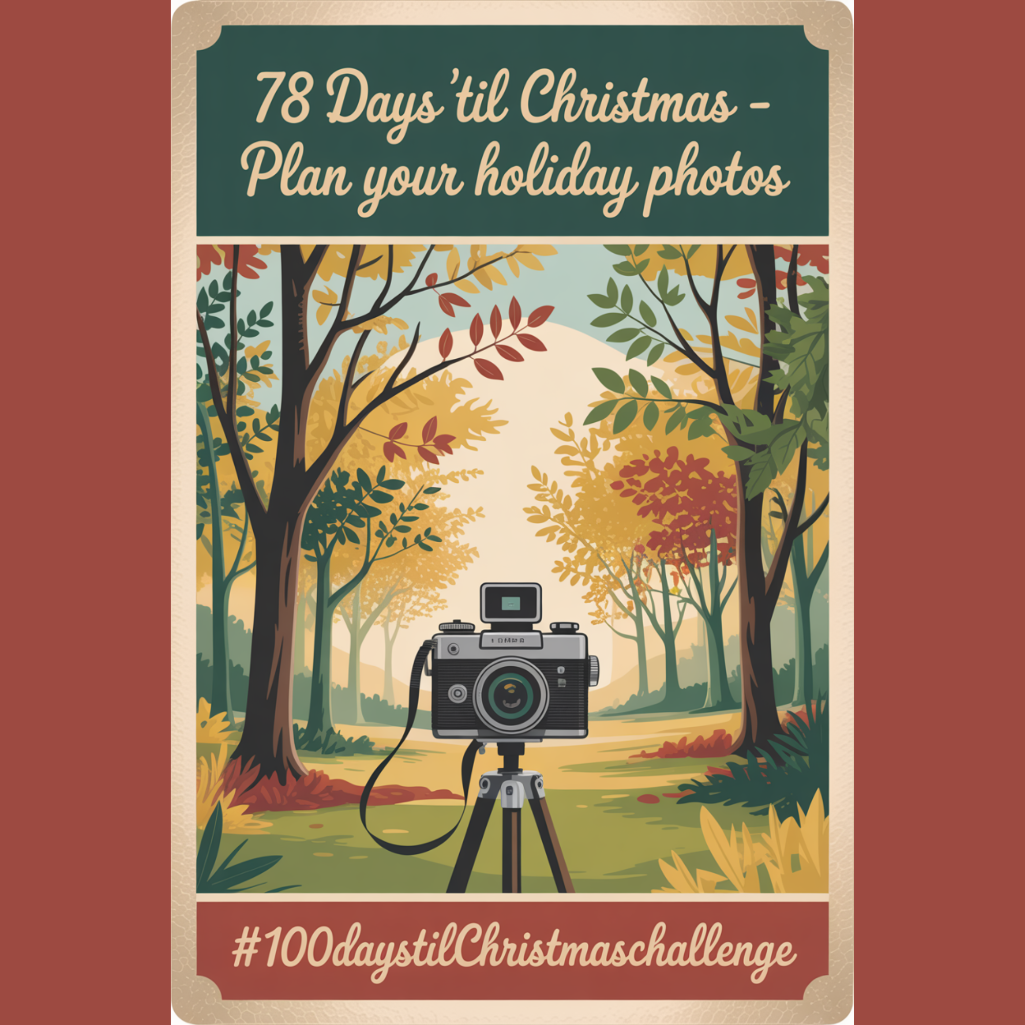 Vintage Christmas postcard-style illustration of a classic film camera on a tripod in a golden autumn field, surrounded by colorful trees and gentle snowfall, symbolizing planning holiday photos during the fall-to-winter season.