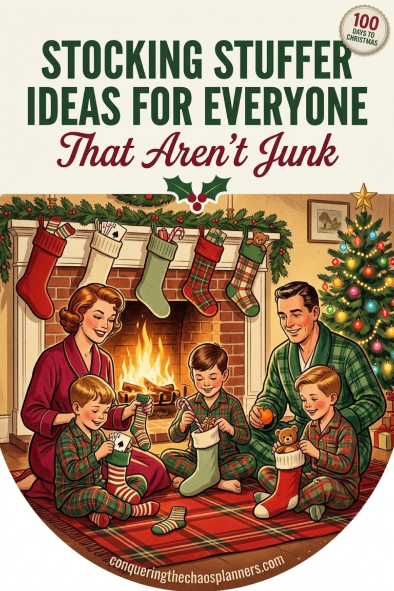 Retro 1950s Christmas morning scene of parents and three kids pulling socks, cards, and candy canes from knit stockings beside a decorated tree, illustrating stocking stuffer ideas for kids, teens, and adults.