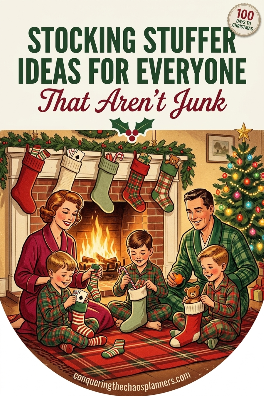 Retro 1950s Christmas morning scene of parents and three kids pulling socks, cards, and candy canes from knit stockings beside a decorated tree, illustrating stocking stuffer ideas for kids, teens, and adults.