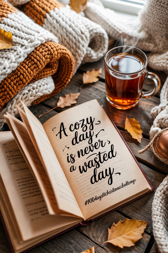 “Flat lay with cozy fall items — open book, tea, and blanket — with the quote ‘A cozy day is never a wasted day’ written in warm autumn tones.”