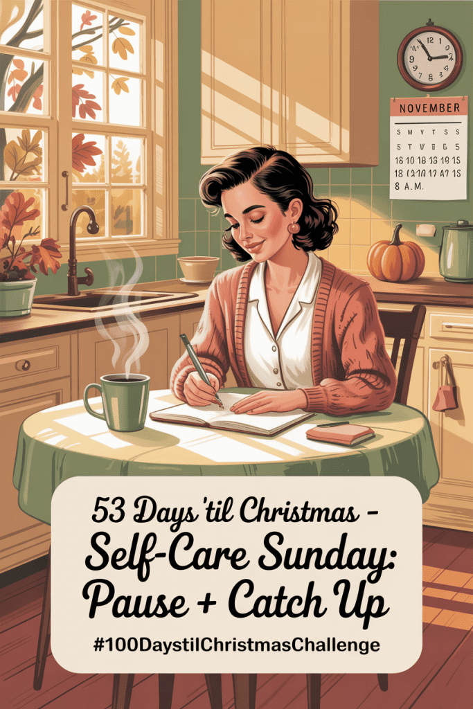 Vintage-style illustration of a cozy November morning with a woman journaling by the window, representing a calm gratitude self care Sunday moment before the holidays.