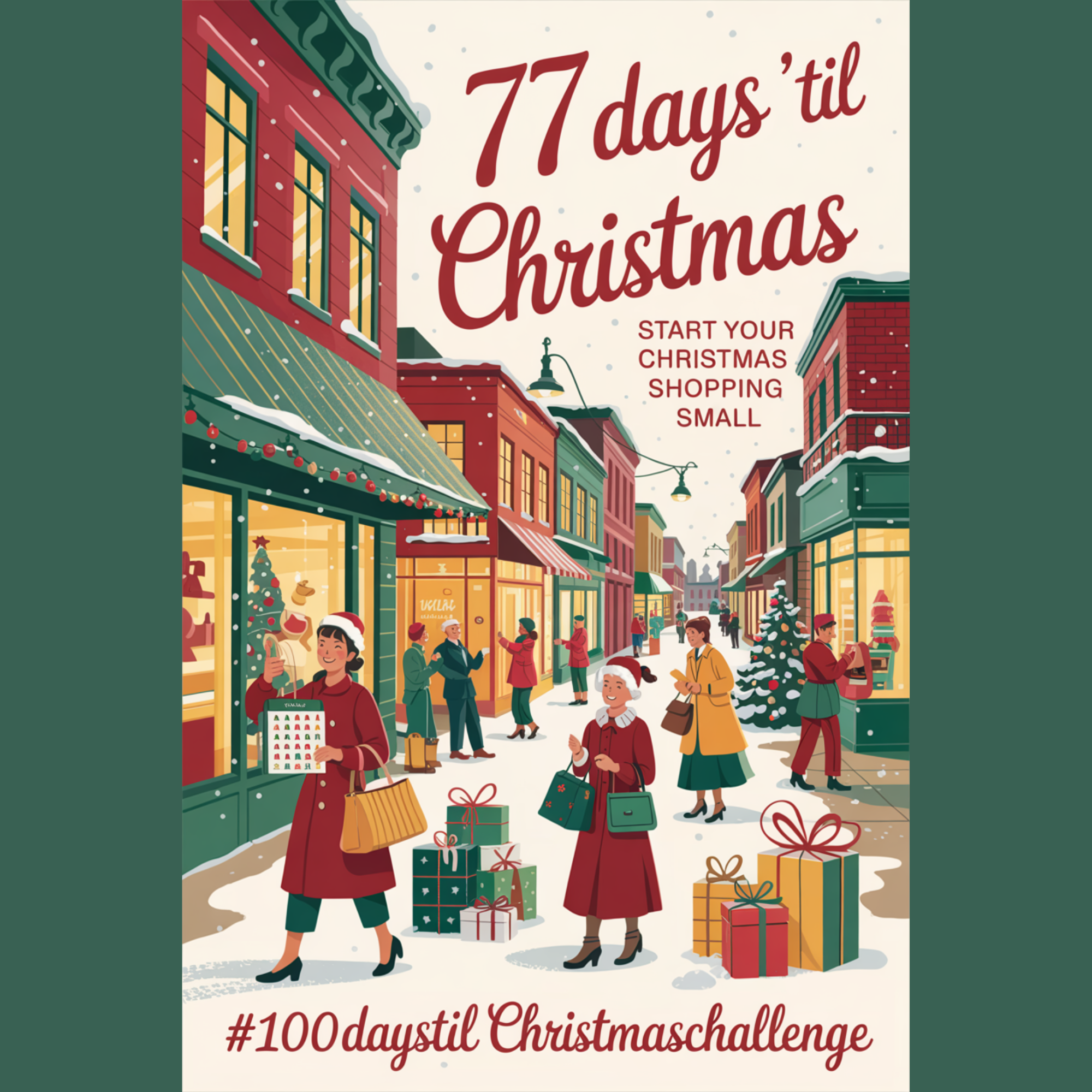 Retro mid-century holiday shopping scene with twinkling lights, decorated storefronts, and cheerful families buying gifts. The text overlay says “77 Days ’Til Christmas” and “#100DaysTilChristmasChallenge” in warm vintage lettering.
