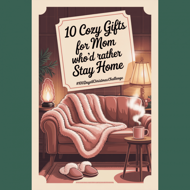 Warm vintage artwork showing a peaceful home scene with candles, blanket, and coffee — representing cozy gifts for mom who’d rather stay home.