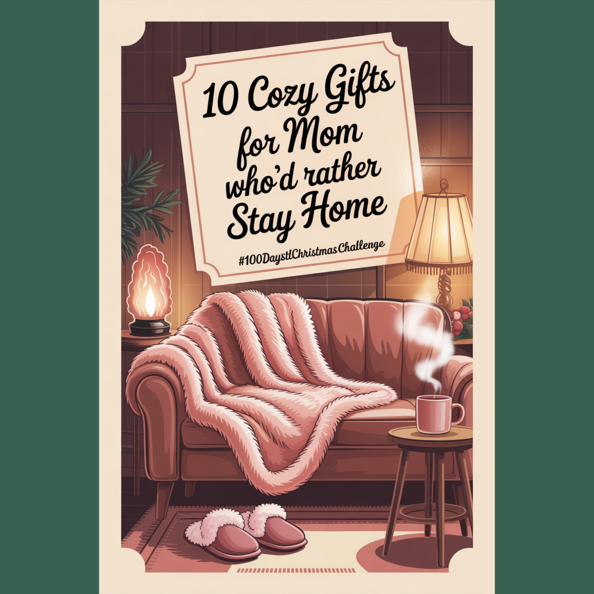 Warm vintage artwork showing a peaceful home scene with candles, blanket, and coffee — representing cozy gifts for mom who’d rather stay home.
