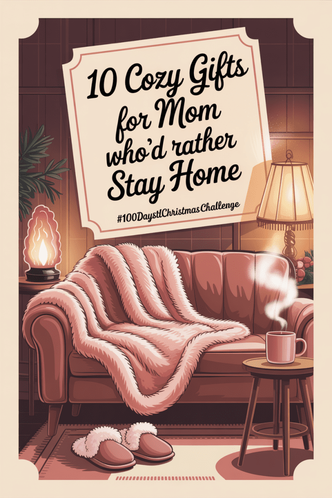 cozy gifts for mom: Vintage 1950s-style illustration of a cozy living room with a pink blanket, slippers, and warm lighting — promoting a gift guide of cozy gifts for moms who love staying home.