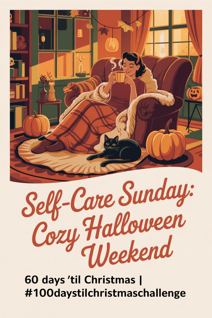 Vintage 1950s illustration of a woman wrapped in a blanket with a mug of cider, cozy Halloween decor and pumpkins glowing nearby in a warm fall living room.