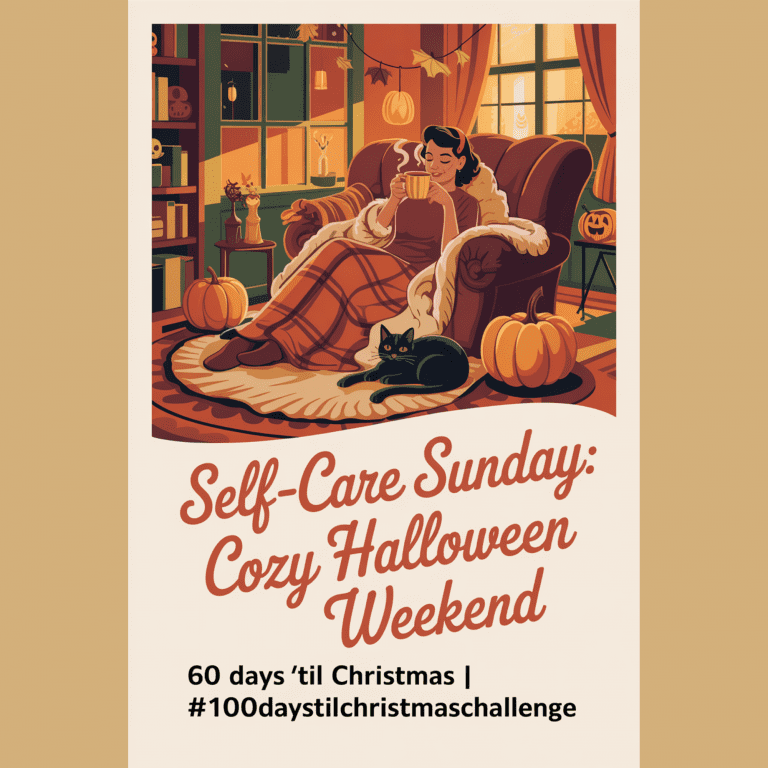 Retro-style fall scene of a woman relaxing with her cat and a warm drink in a softly lit Halloween-themed living room, perfect for cozy self care.