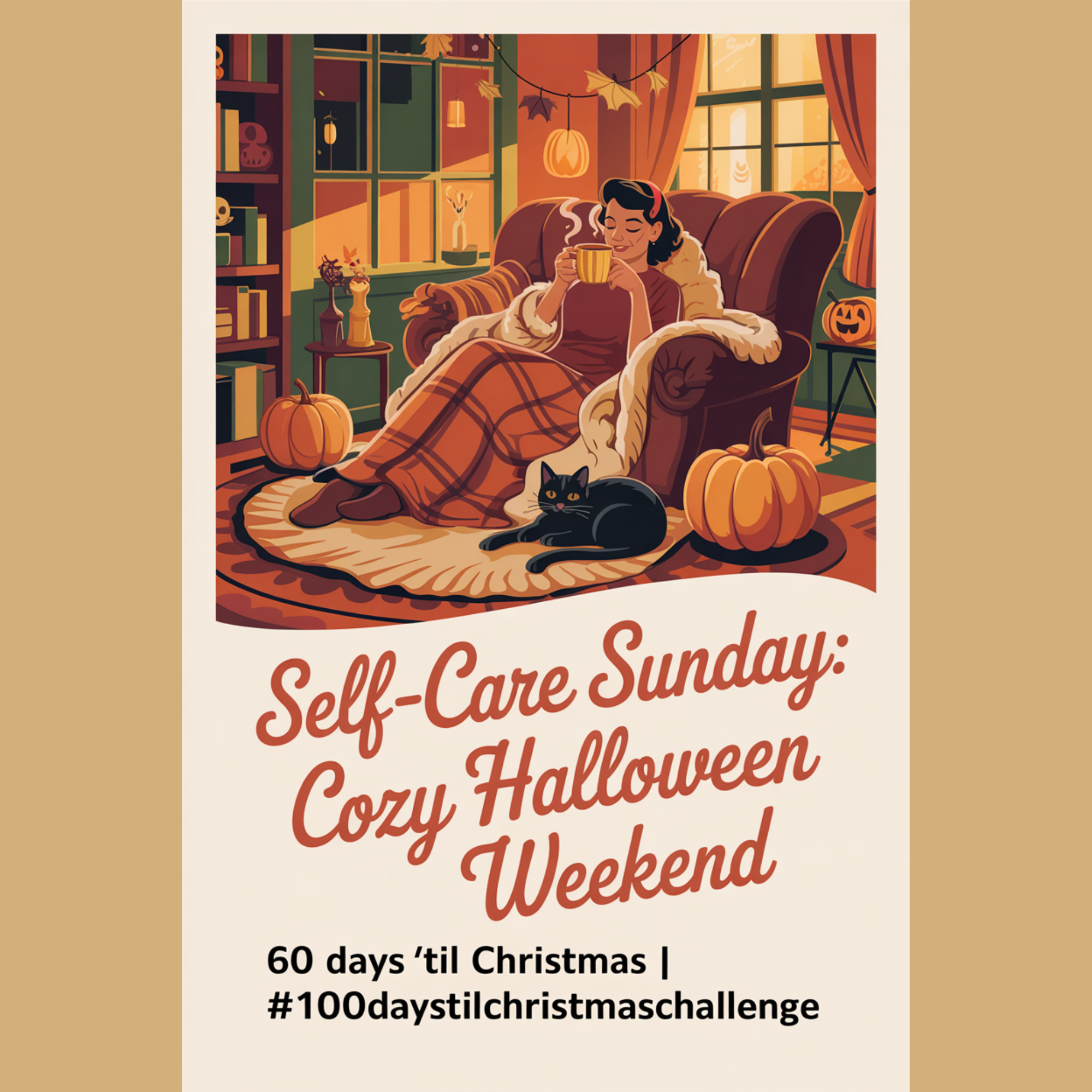 Retro-style fall scene of a woman relaxing with her cat and a warm drink in a softly lit Halloween-themed living room, perfect for cozy self care.