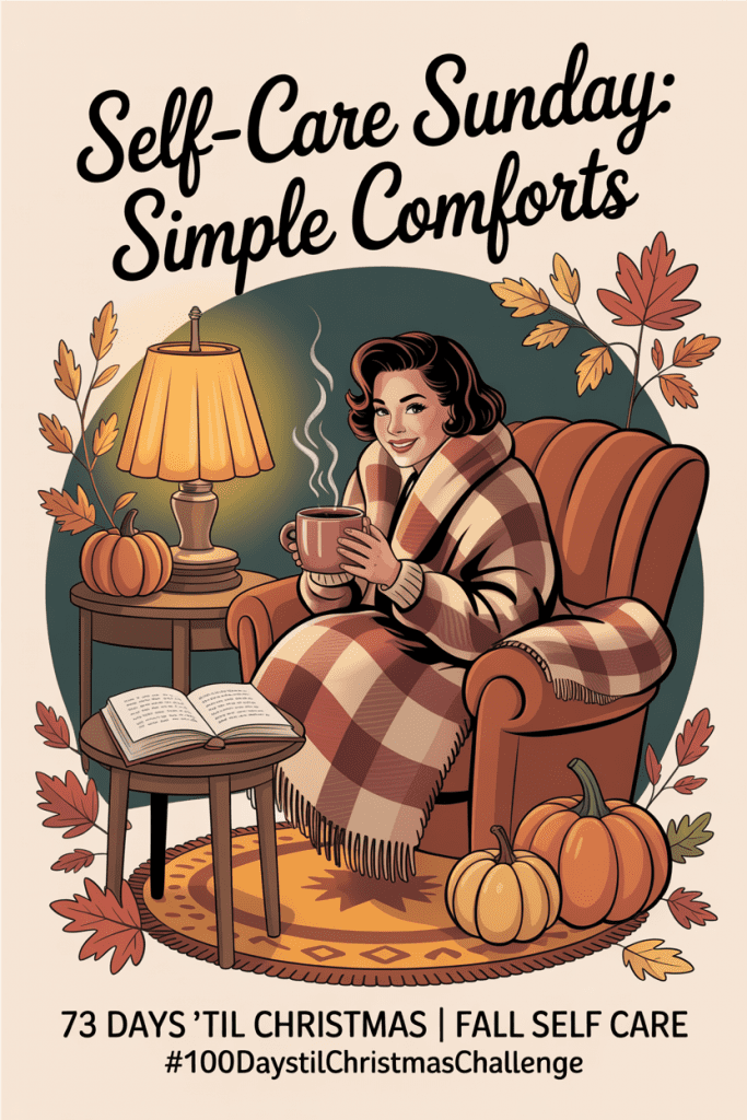 fall self care ideas : Vintage 1950s style illustration of a cozy fall self-care scene with a woman reading, sipping coffee, and wrapped in a plaid blanket scarf.