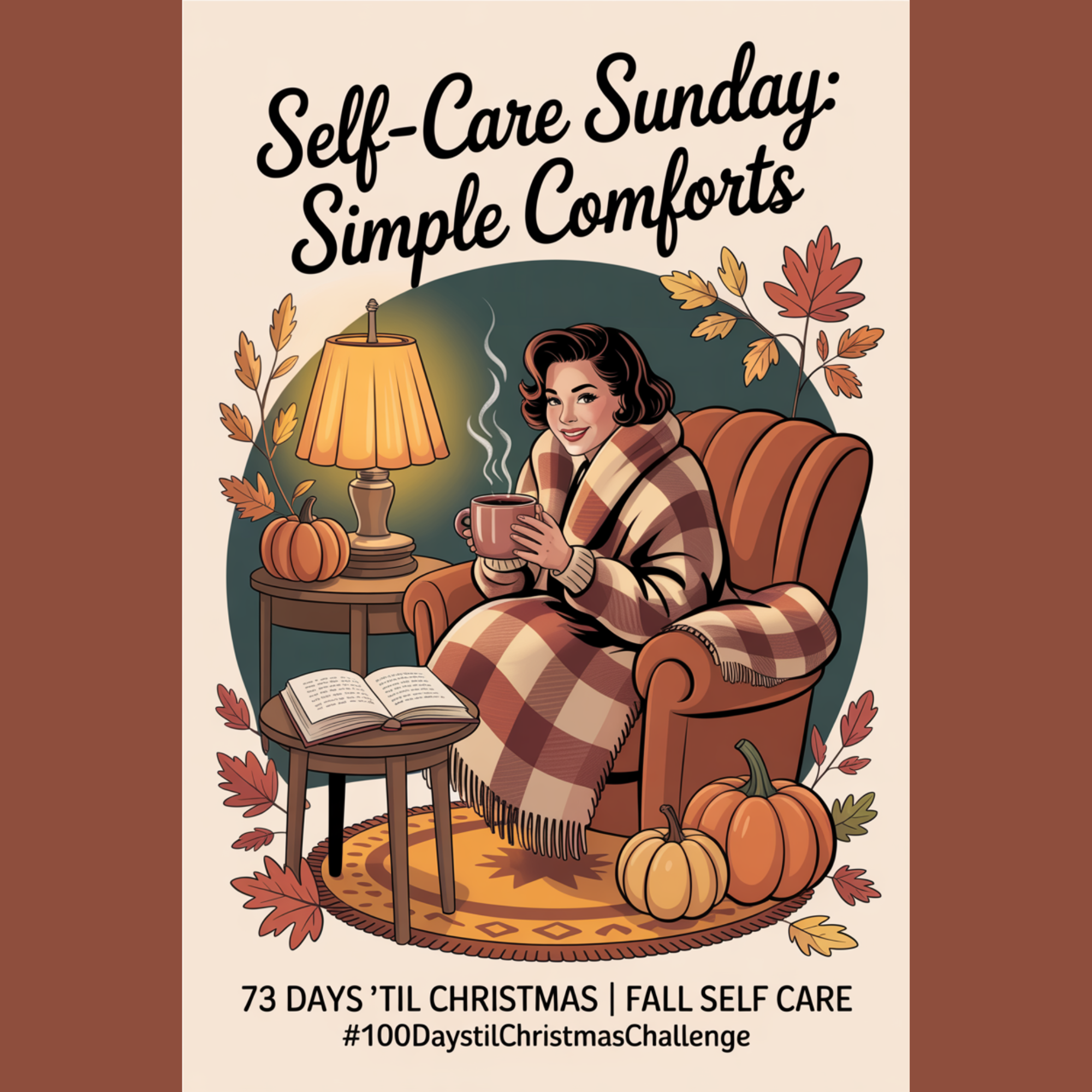 Vintage 1950s style illustration of a woman enjoying fall self care ideas — wrapped in a plaid blanket scarf, sipping coffee beside an open book in a cozy autumn living room.