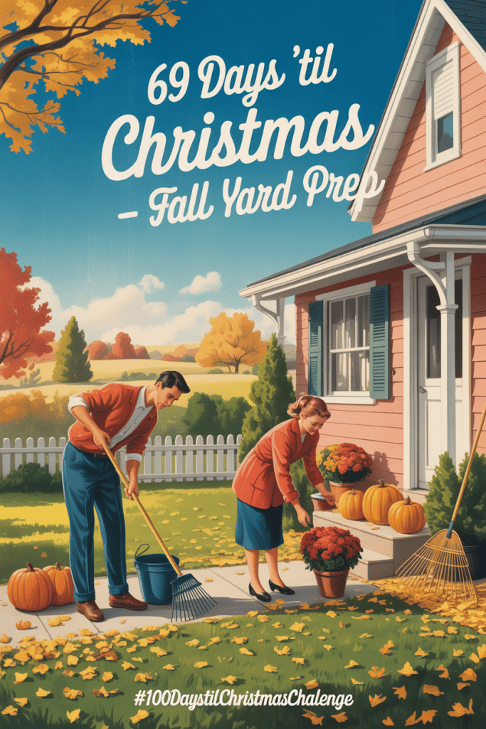 fall yard prep: Vintage 1950s-style illustration of a family doing fall yard prep before winter, with pumpkins and golden leaves scattered around.