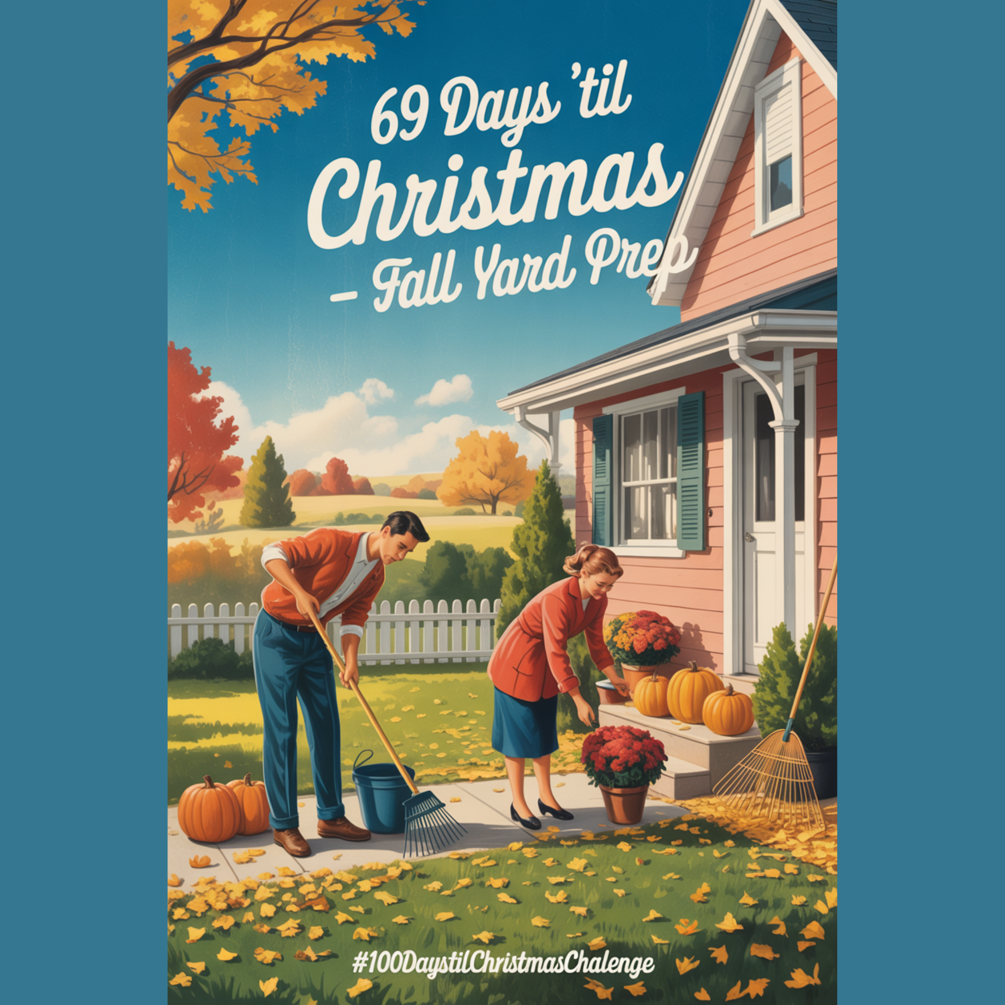 fall yard prep: Cozy suburban yard in autumn with a family wrapping pipes and bringing in mums, illustrated in classic midcentury holiday style.