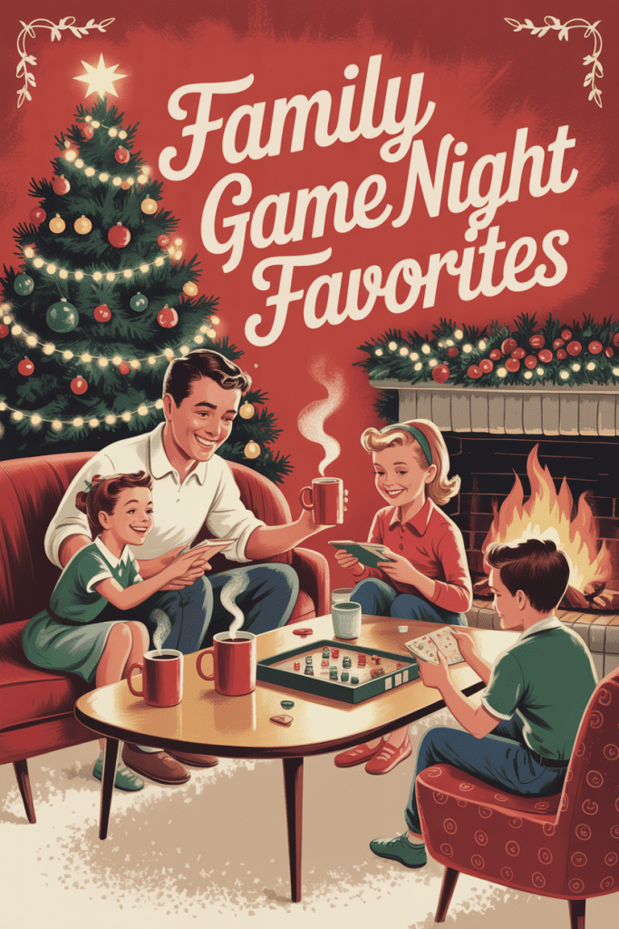 family game night: A cozy 1950s-style illustration of a family gathered around a coffee table playing board games together, with Christmas lights, cocoa, and a decorated tree glowing in the background.