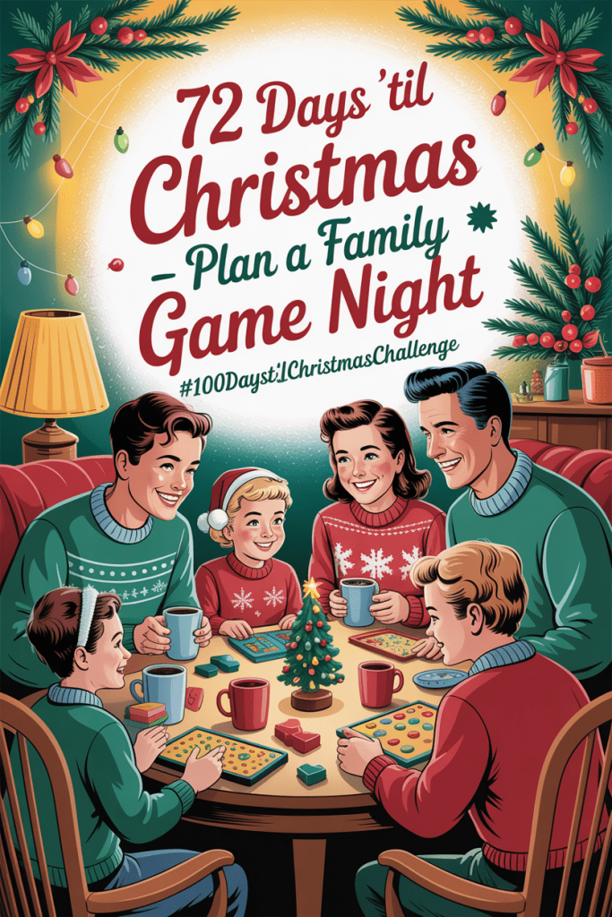 family game night ideas: Vintage holiday artwork of a cheerful family game night — parents and kids laughing around a board game, warm lights glowing, and festive décor setting a nostalgic Christmas mood.