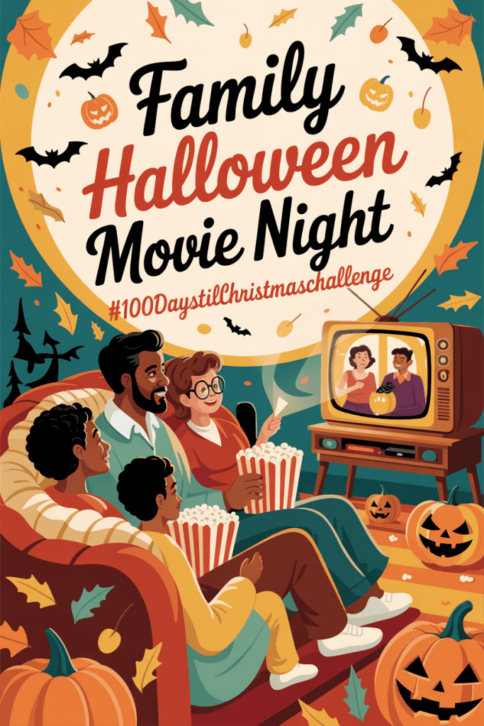 “Cozy 1950s-style vintage illustration of a family watching Halloween movies together at home with popcorn, pumpkins, and fall decorations — Family Halloween Movie Night theme.”