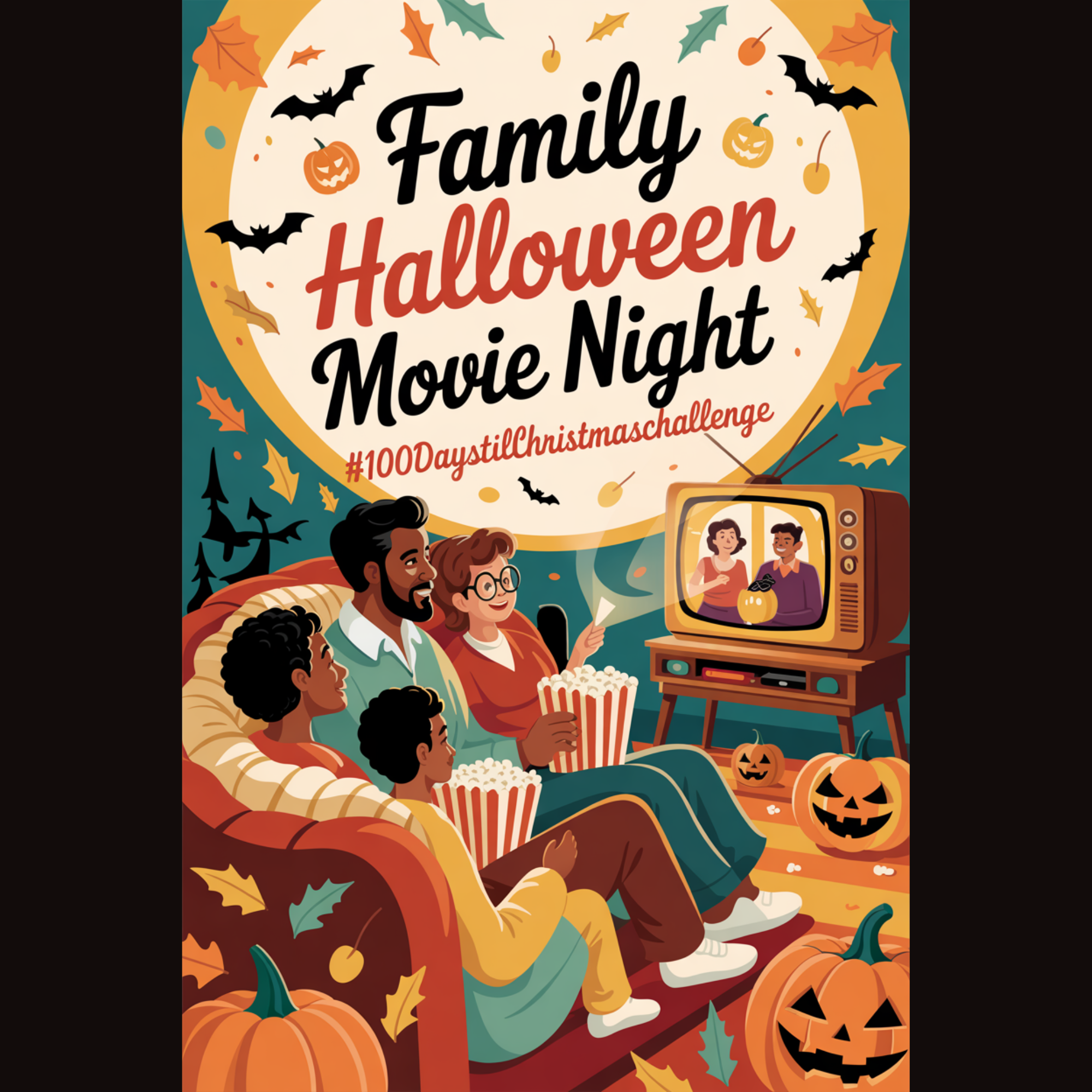 “Warm vintage illustration of a diverse family enjoying a Halloween movie night with blankets, popcorn, and a glowing retro TV — Family Halloween Movie Night for the #100DaysTilChristmasChallenge.”