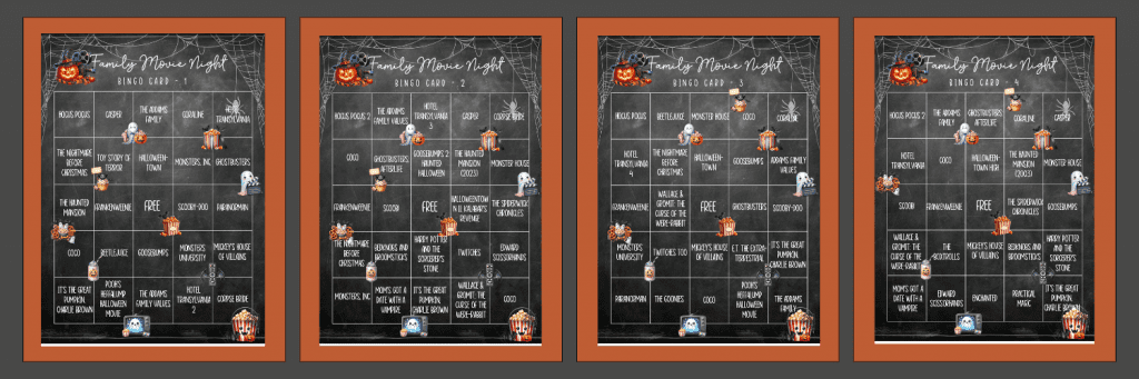family halloween movie night bingo card image
