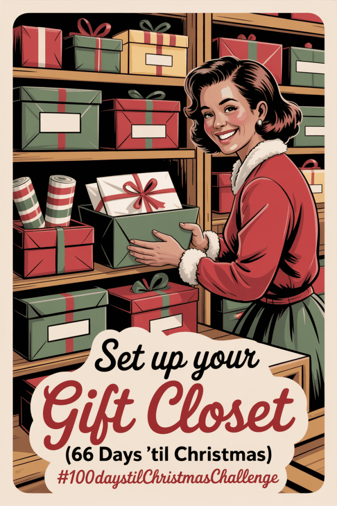 gift closet: A 1950s-style vintage illustration of a woman organizing Christmas gifts in her cozy basement gift closet. She’s placing wrapped presents and stocking stuffers into labeled boxes surrounded by ribbons and wrapping paper. Text overlay reads “Set Up Your Gift Closet (66 Days ’Til Christmas)” and #100DaysTilChristmasChallenge.