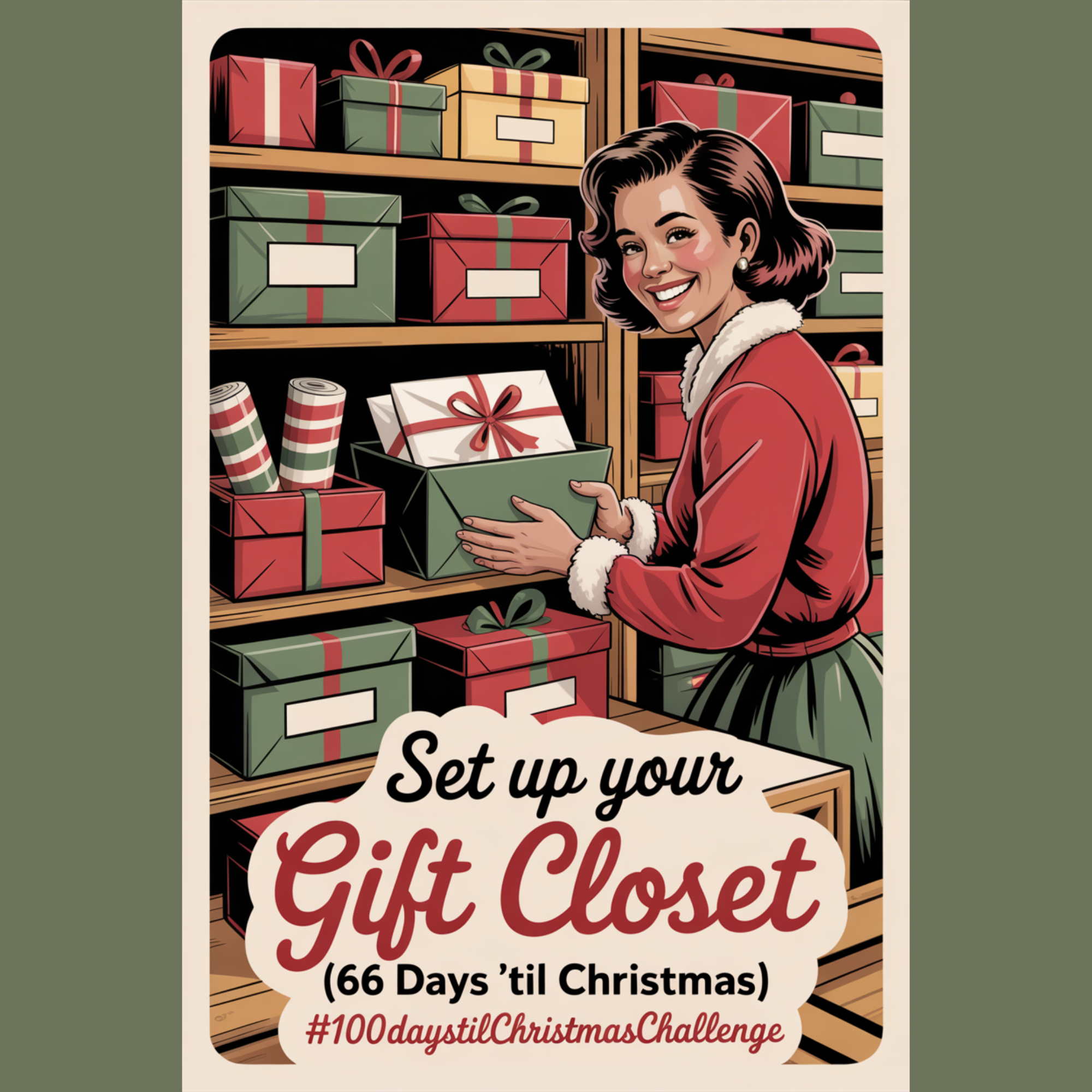 A cheerful mid-century holiday illustration showing a mom tidying her gift closet, stacking wrapped presents and small gifts into neat boxes with ribbons and tags nearby. The image captures cozy, organized Christmas prep with the text “Set Up Your Gift Closet (66 Days ’Til Christmas).”