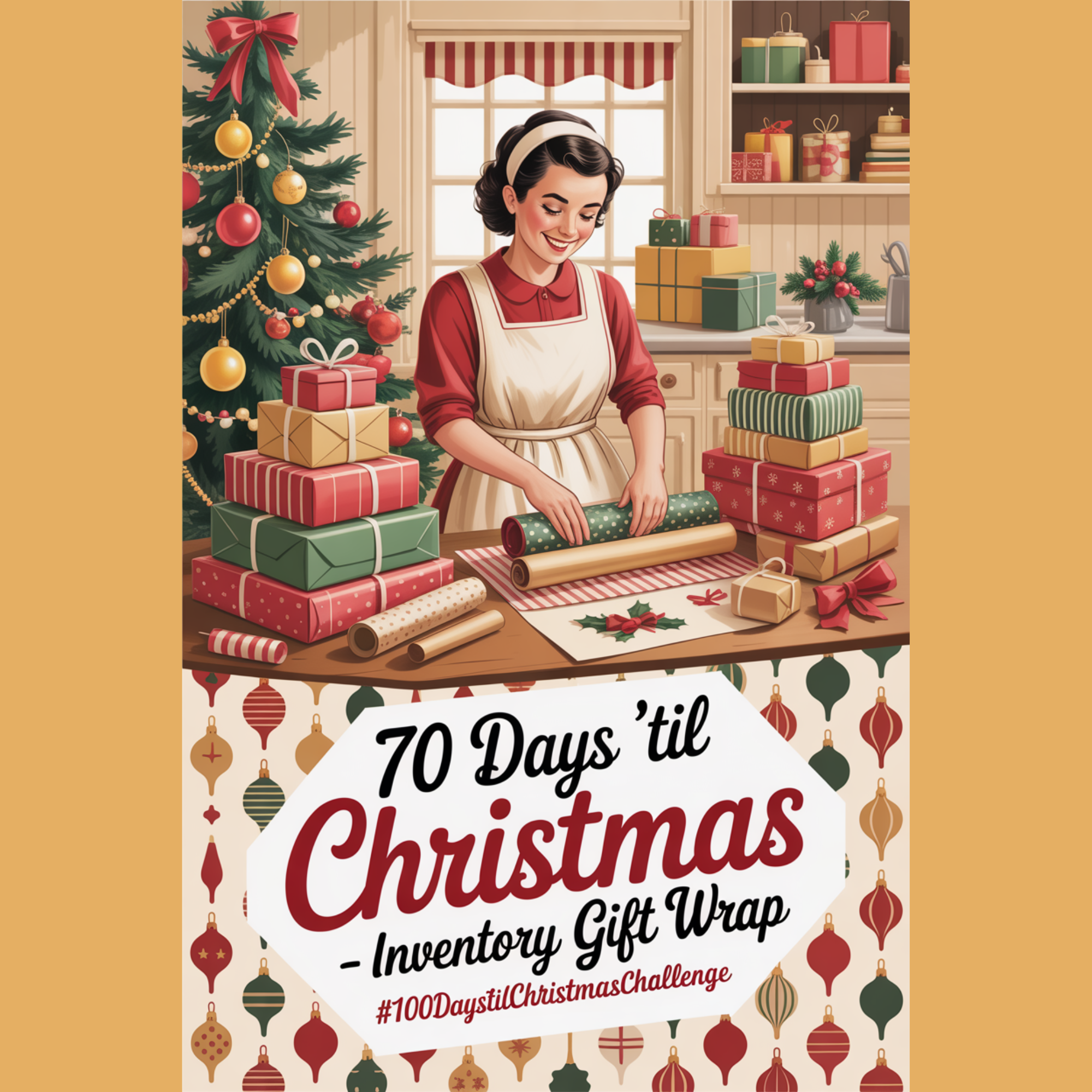 gift wrap organization ideas - Vintage Christmas illustration of a mom tidying a wrapping station filled with festive paper rolls, ribbons, and boxes, labeled “70 Days ’Til Christmas – Inventory Gift Wrap” with #100DaysTilChristmasChallenge.