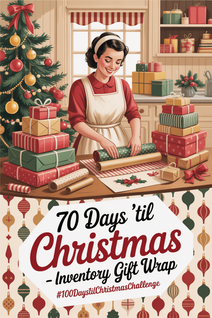 gift wrap organization: A cozy 1950s-style holiday illustration of a woman organizing wrapping paper, bows, and gift boxes near a Christmas tree with the text overlay “70 Days ’Til Christmas – Inventory Gift Wrap.