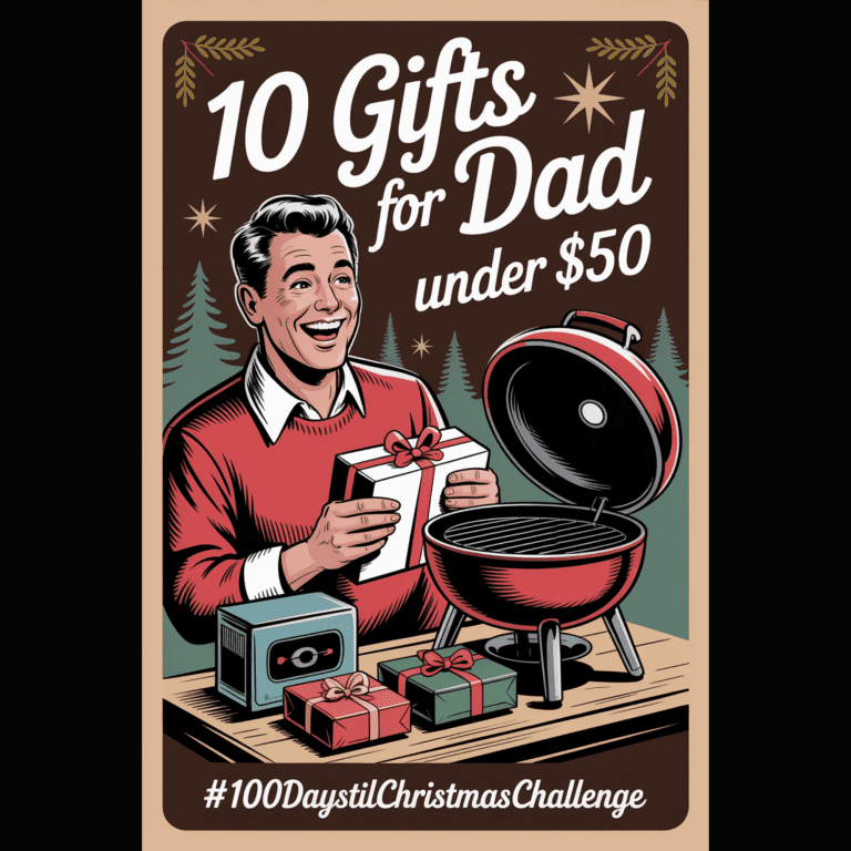 Vintage 1950s-style illustration of a smiling dad surrounded by small wrapped gifts — a multitool, whiskey glass, beard kit, car charger, and hand warmer — with bold retro text that reads “Best Gifts for Dad Under $50” and soft holiday tones of red, gold, and evergreen.