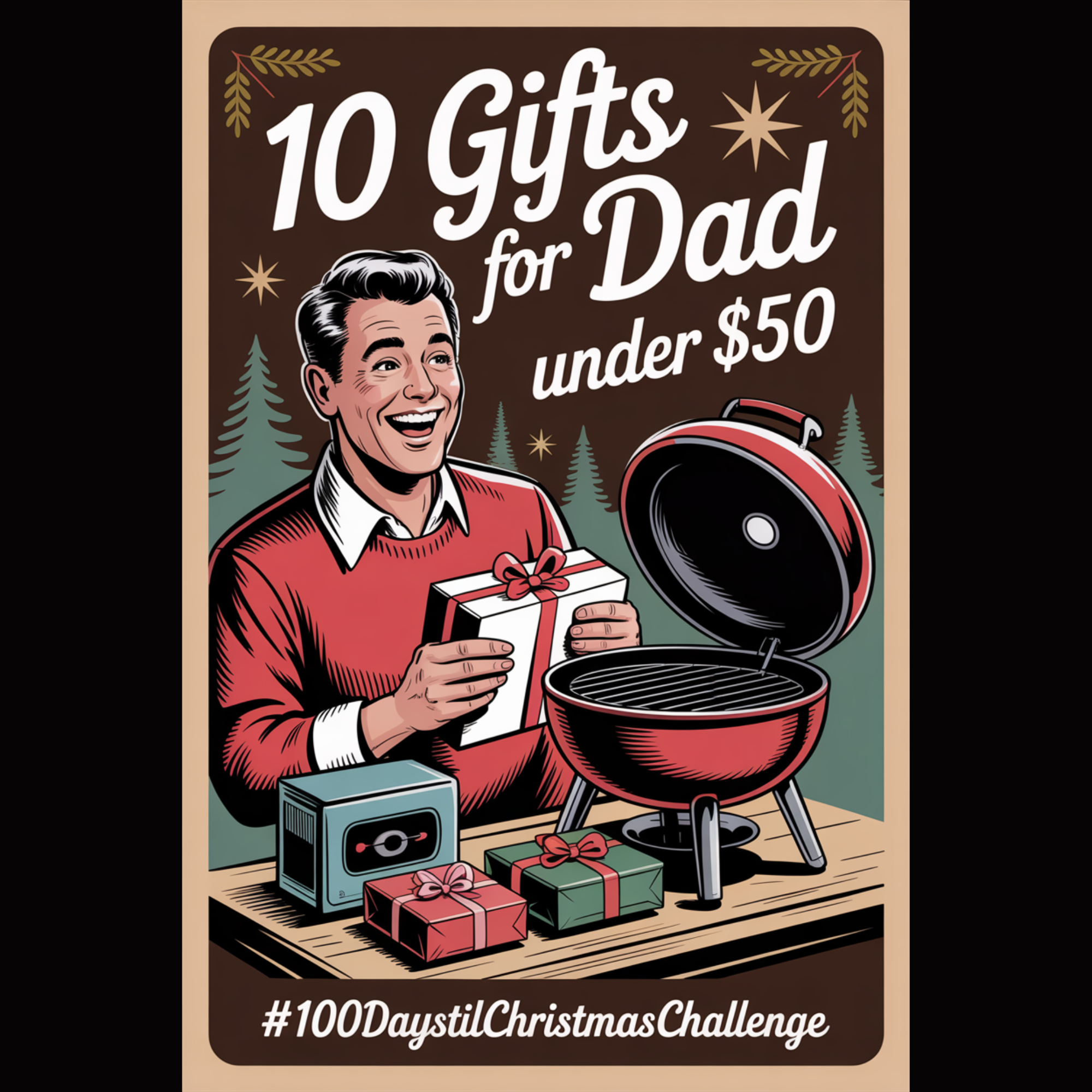Vintage 1950s-style illustration of a smiling dad surrounded by small wrapped gifts — a multitool, whiskey glass, beard kit, car charger, and hand warmer — with bold retro text that reads “Best Gifts for Dad Under $50” and soft holiday tones of red, gold, and evergreen.