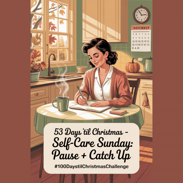 Cozy vintage-style illustration of a woman enjoying a quiet Sunday morning with coffee and her journal, soft autumn light streaming through the window, symbolizing gratitude self care and taking time to pause before the holiday season.
