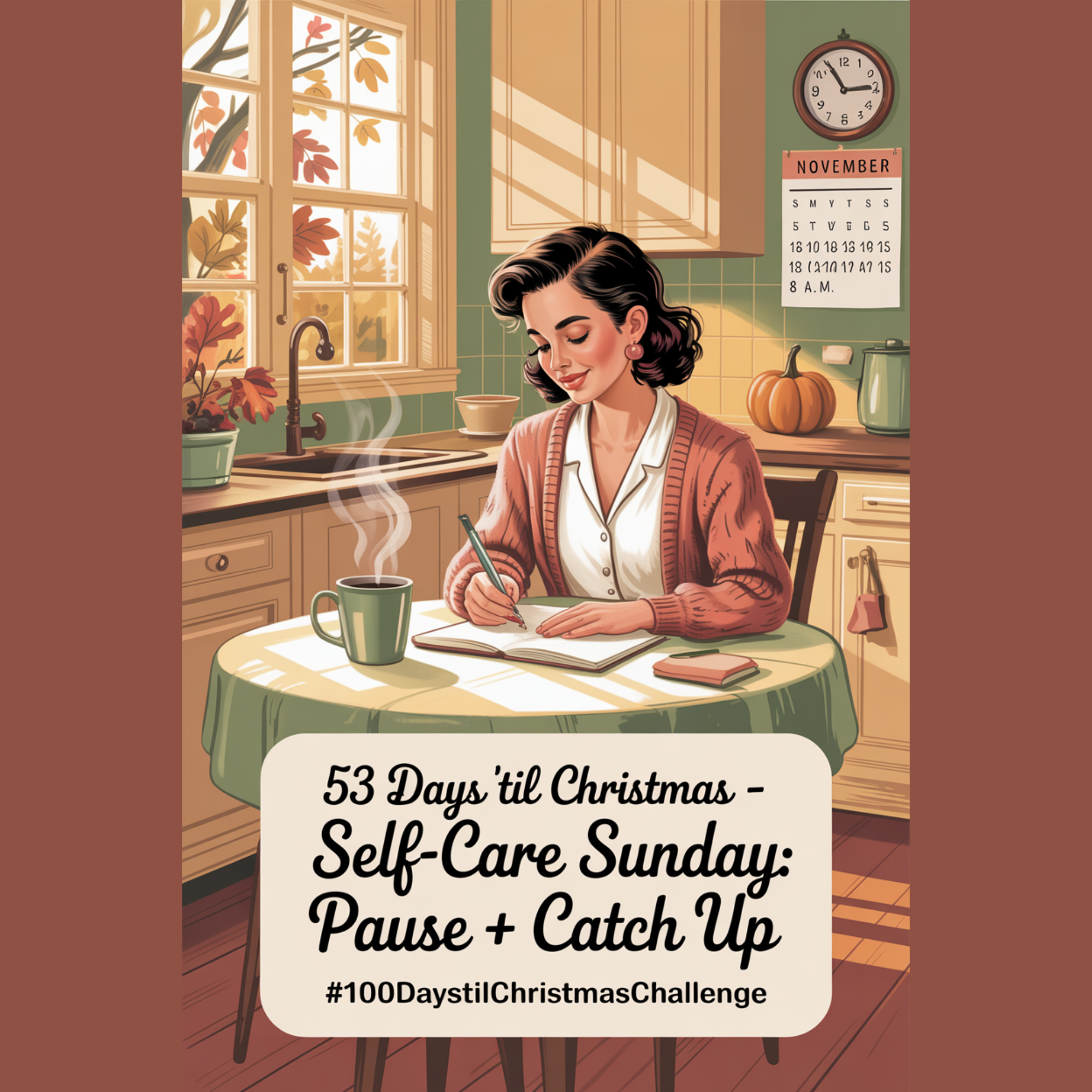 Cozy vintage-style illustration of a woman enjoying a quiet Sunday morning with coffee and her journal, soft autumn light streaming through the window, symbolizing gratitude self care and taking time to pause before the holiday season.