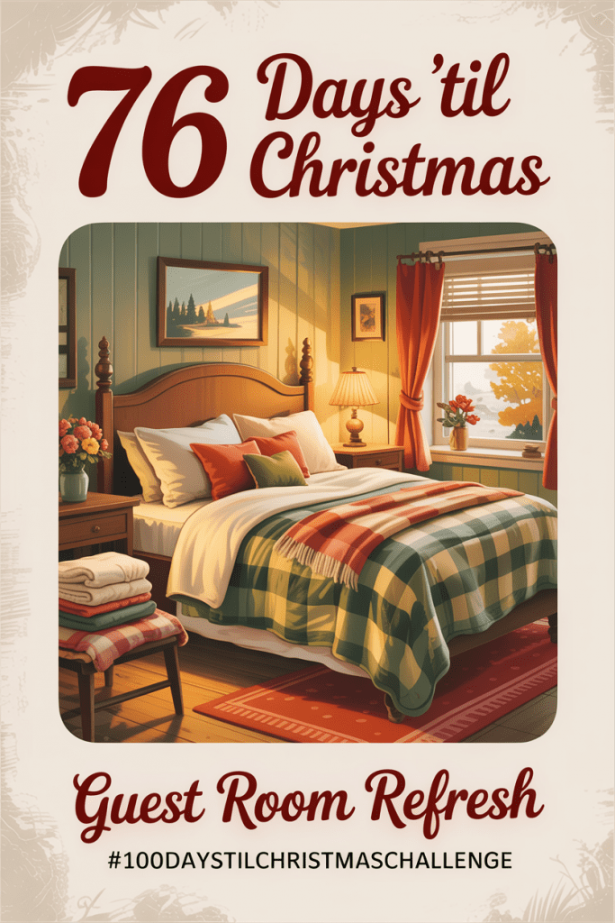 Guest Room Refresh -- Vintage 1950s-inspired guest bedroom with cozy flannel bedding, soft lamp glow, and folded blankets ready for holiday guests.