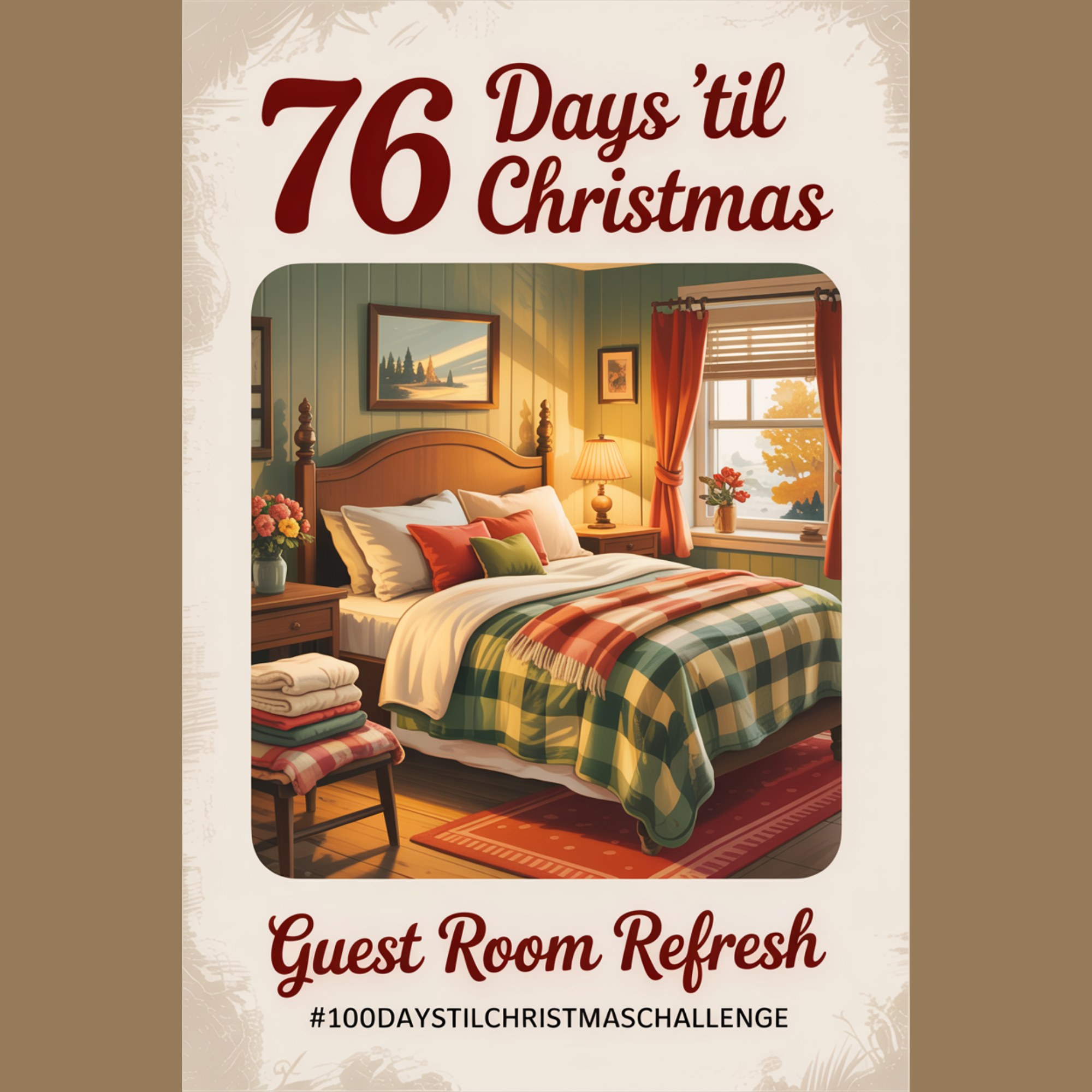 Warm, nostalgic guest room setup featuring a made bed with fall linens, an open window, and festive mid-century details, labeled “76 Days ’Til Christmas.”