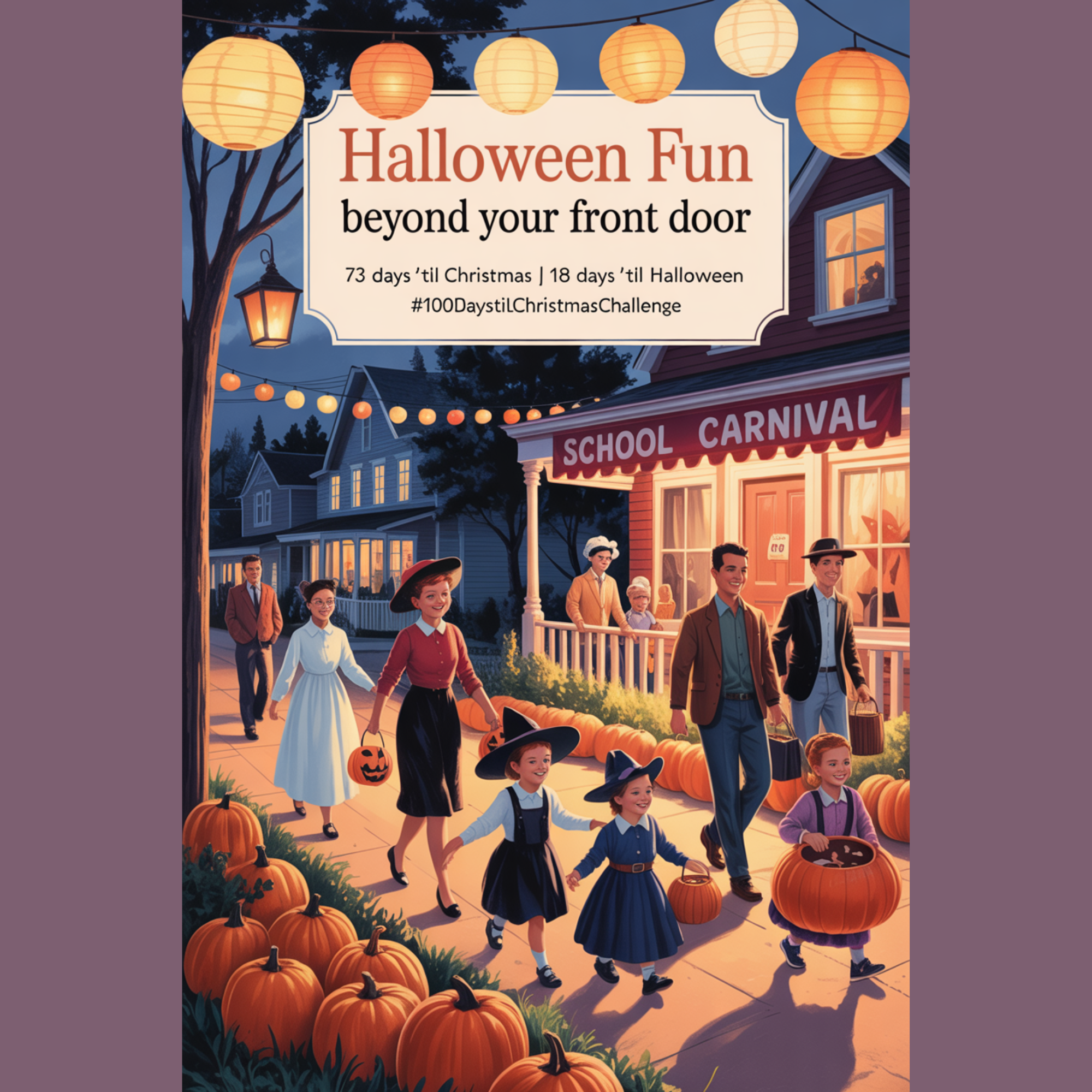 Halloween Activities: 1950s-inspired fall artwork showing a small-town Halloween event with families in costume under string lights and pumpkin decorations.