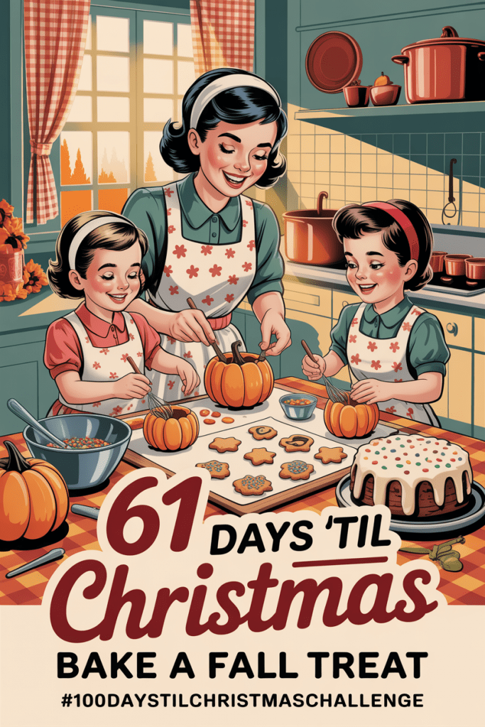 A cozy vintage-style illustration of a family baking pumpkin-shaped cookies and a funfetti cake together, perfect for easy Halloween baking ideas.