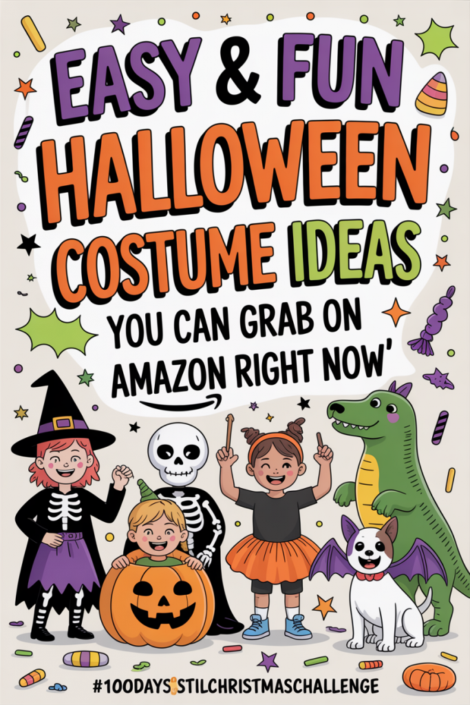 Illustrated Halloween blog post graphic featuring kids, adults, and pets in fun costumes with bold text overlay “Easy & Fun Halloween Costume Ideas You Can Grab on Amazon Right Now.”