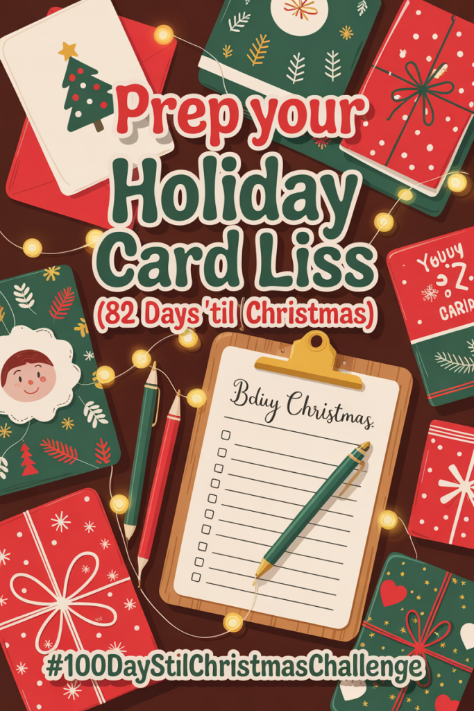 Flat lay illustration of holiday cards, envelopes, and a festive checklist with twinkling lights, text overlay reads Prep Your Holiday Card List.
