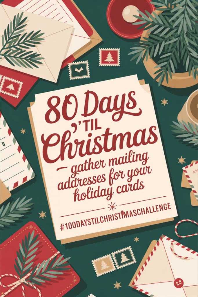 Illustrated flat lay of holiday envelopes, stamps, and a mailing list planner for organizing addresses for holiday cards 2025.