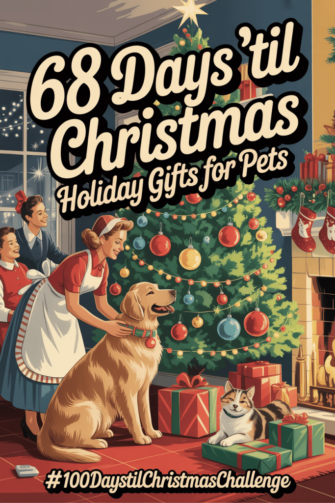 holiday gifts for pets: Vintage 1950s-style Christmas scene of a family giving gifts to their dog and cat beside a decorated tree, warm holiday colors, text overlay reads “68 Days ’Til Christmas – Holiday Gifts for Pets.”