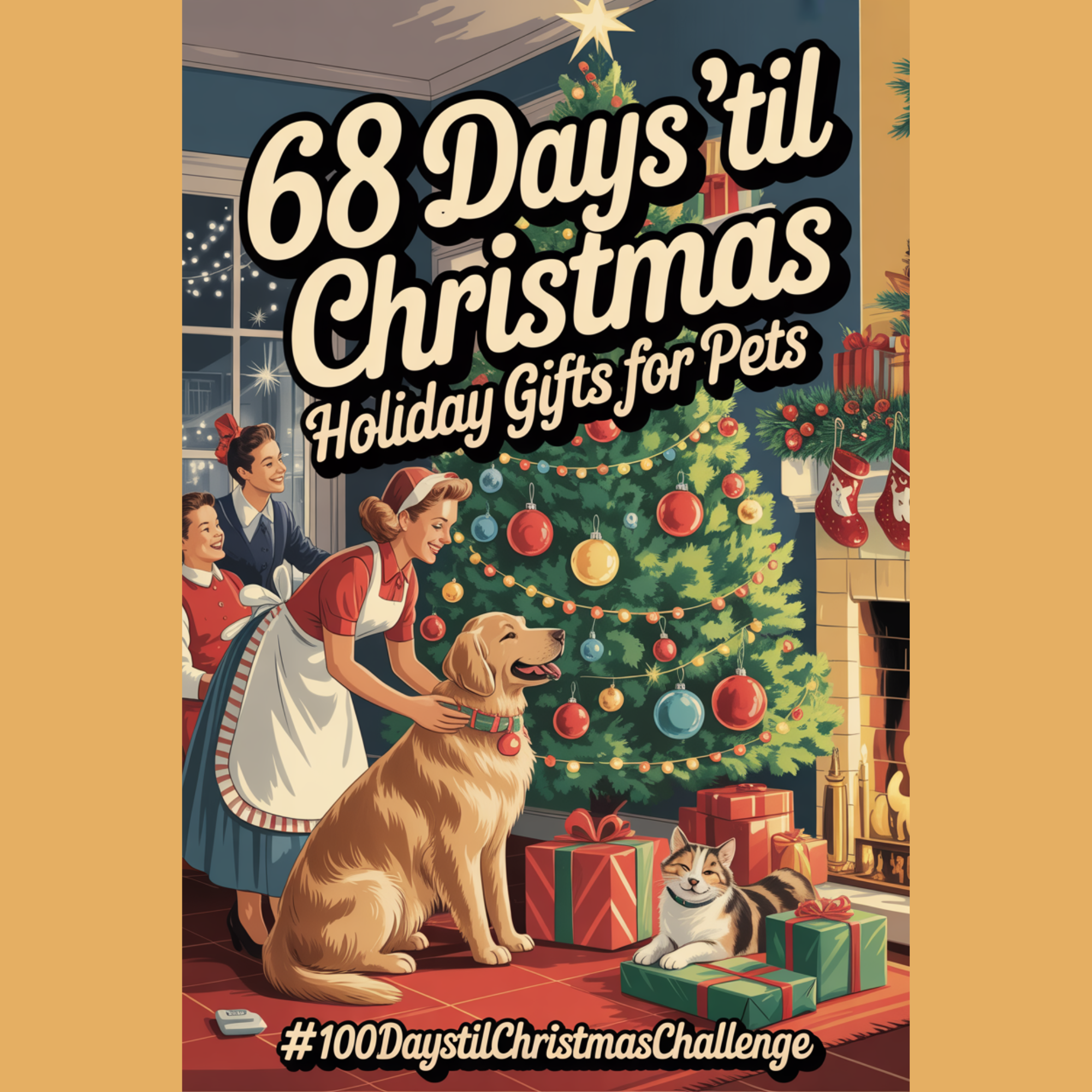 Illustrated cozy Christmas living room with a mom wrapping a small gift for her dog while a cat lounges by the fire, nostalgic 1950s holiday style with #100DaysTilChristmasChallenge overlay.