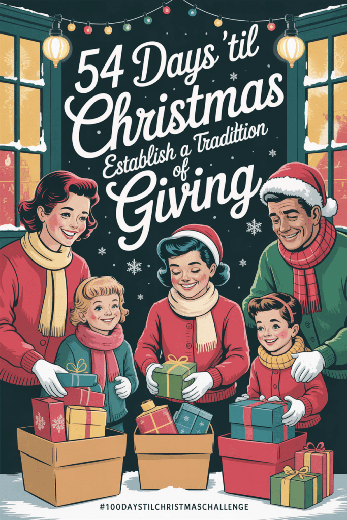 Vintage 1950s-style Christmas illustration of a family donating toys and coats together for a holiday giving tradition.