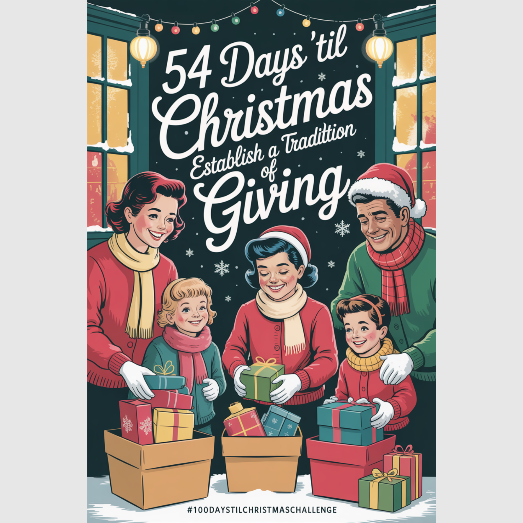 Warm nostalgic Christmas artwork showing a diverse family giving back during the holidays with #100DaysTilChristmasChallenge text overlay.