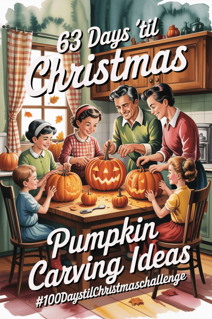 Vintage 1950s-style family in a cozy kitchen carving pumpkins together, illustrating pumpkin carving ideas for fall.”