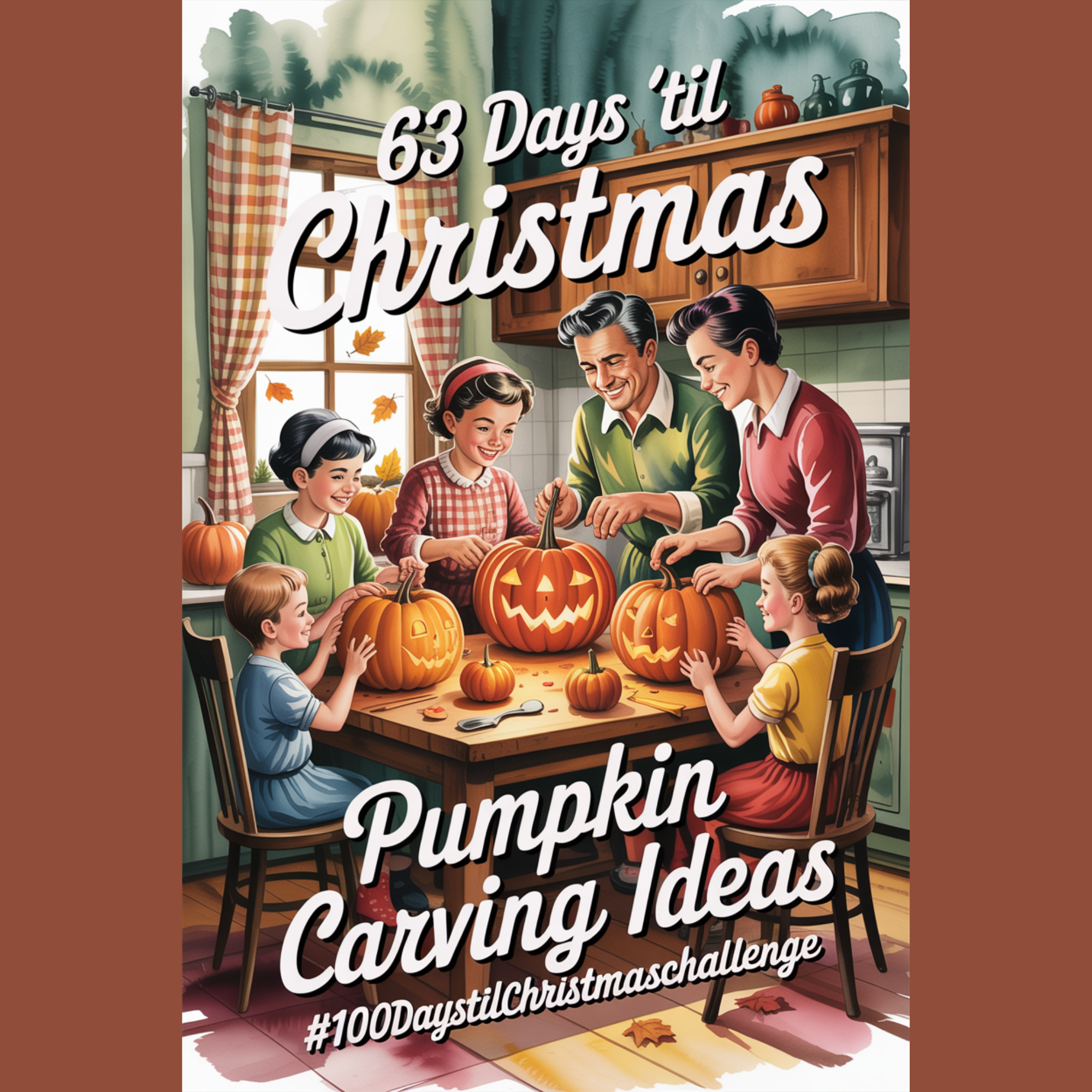 “Warm retro fall scene with a diverse family carving pumpkins at the table, representing classic and creative pumpkin carving ideas.”