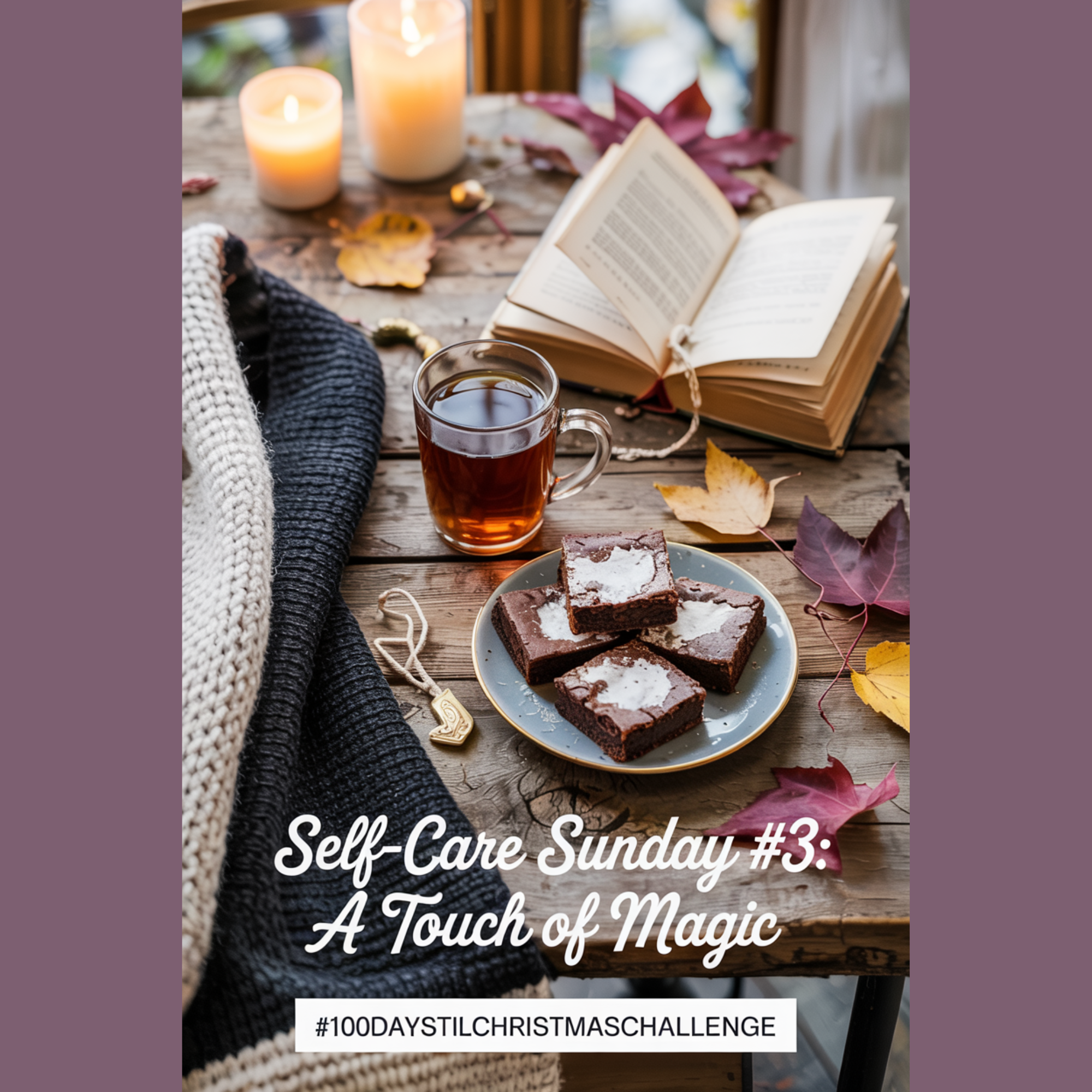 “Warm autumn flat lay featuring a cozy cardigan, cup of tea, brownies, and open book on a rustic wooden table with fall leaves. Text overlay says ‘Self-Care Sunday #3: A Touch of Magic.’”