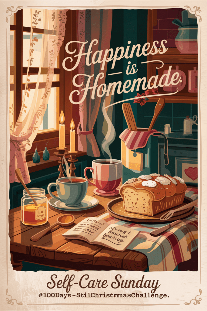 “Vintage-style illustration of a cozy fall kitchen with a loaf of bread, steaming mug, honey jar, and open recipe card on a wooden table. Warm candlelight and muted autumn tones create a nostalgic, homemade atmosphere. Text overlay reads ‘Happiness Is Homemade’ with subtext ‘Self-Care Sunday – #100DaysTilChristmasChallenge.’”